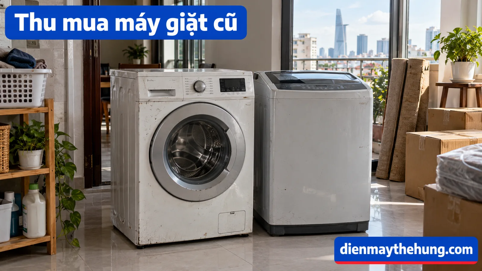 Hai loại máy giặt cũ trong nhà có thùng chuyển đồ