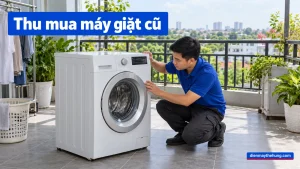 Nhân viên xem ngoại hình máy giặt cũ trong nhà Việt Nam