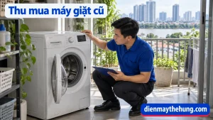 Nhân viên áo xanh xem máy giặt cũ tại nhà