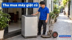 Nhân viên xem ngoại hình máy giặt cũ trong nhà Việt Nam