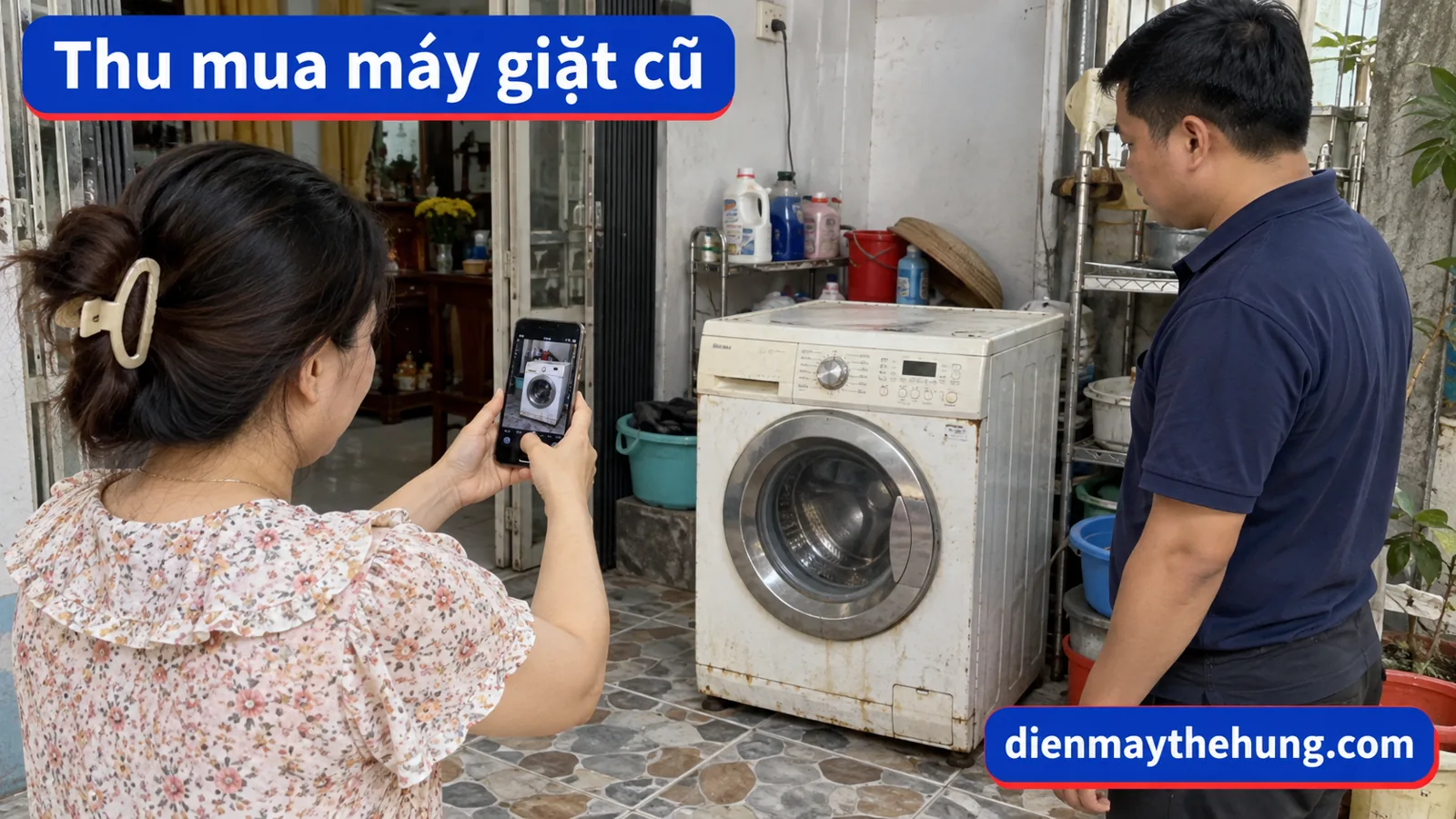 Người dùng chụp máy giặt bằng điện thoại để hỏi giá