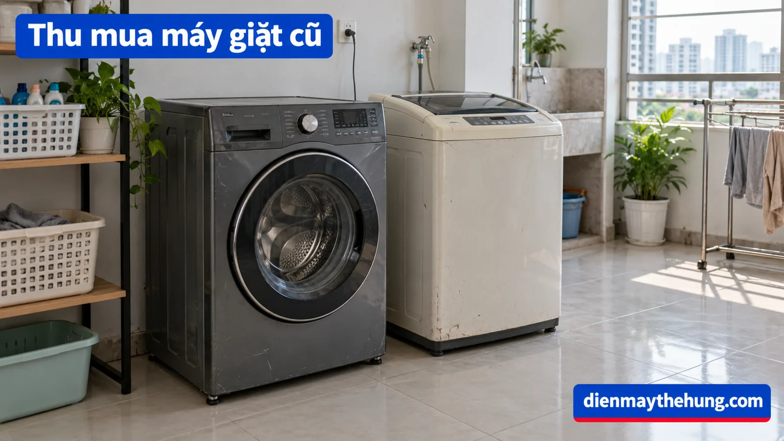 Máy giặt cửa trước và cửa trên tại khu giặt căn hộ