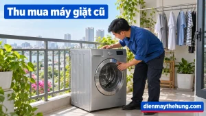 Nhân viên áo xanh xem máy giặt cửa trước tại căn hộ