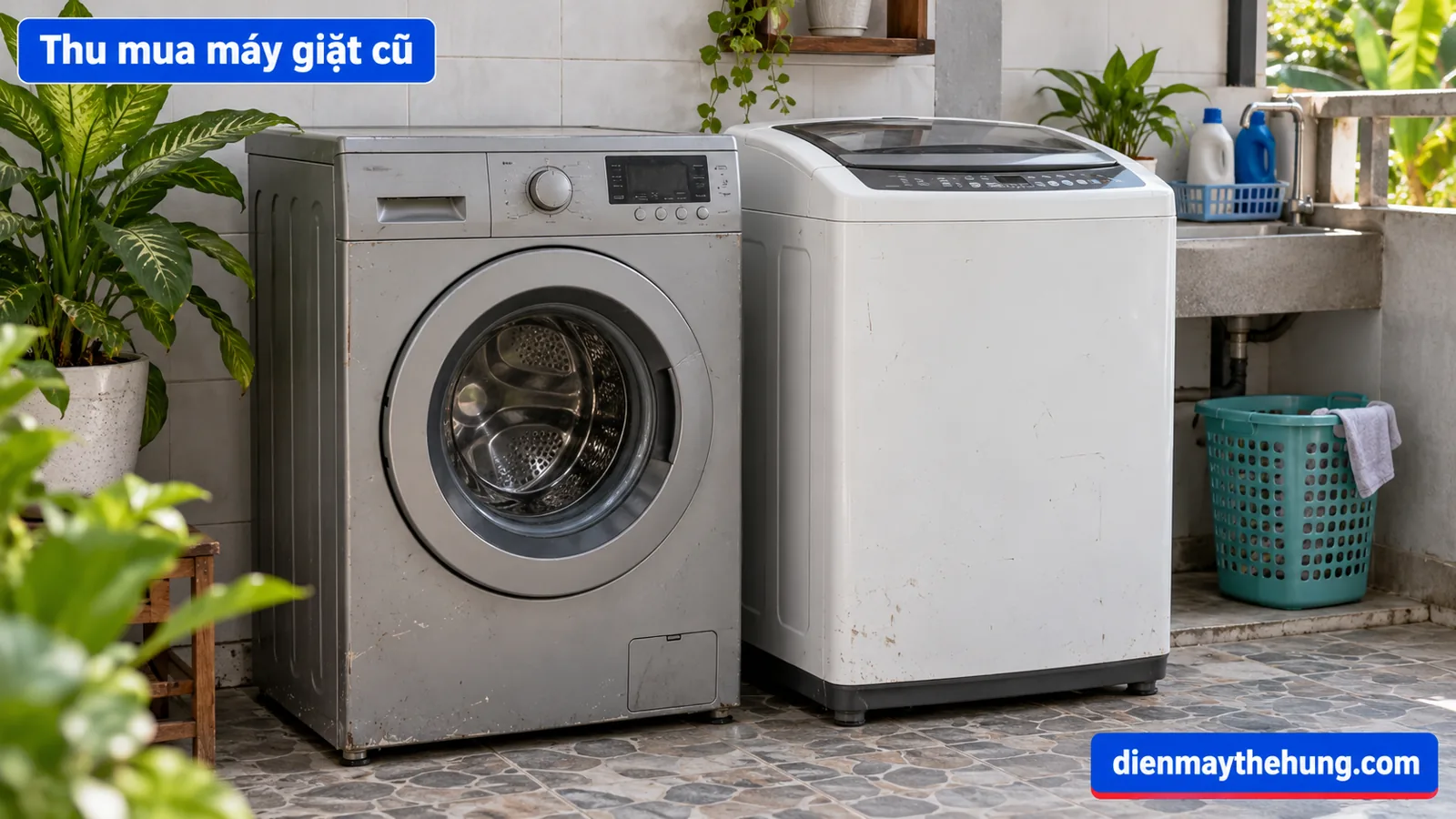Máy giặt cửa trước và cửa trên trong khu giặt của nhà ở